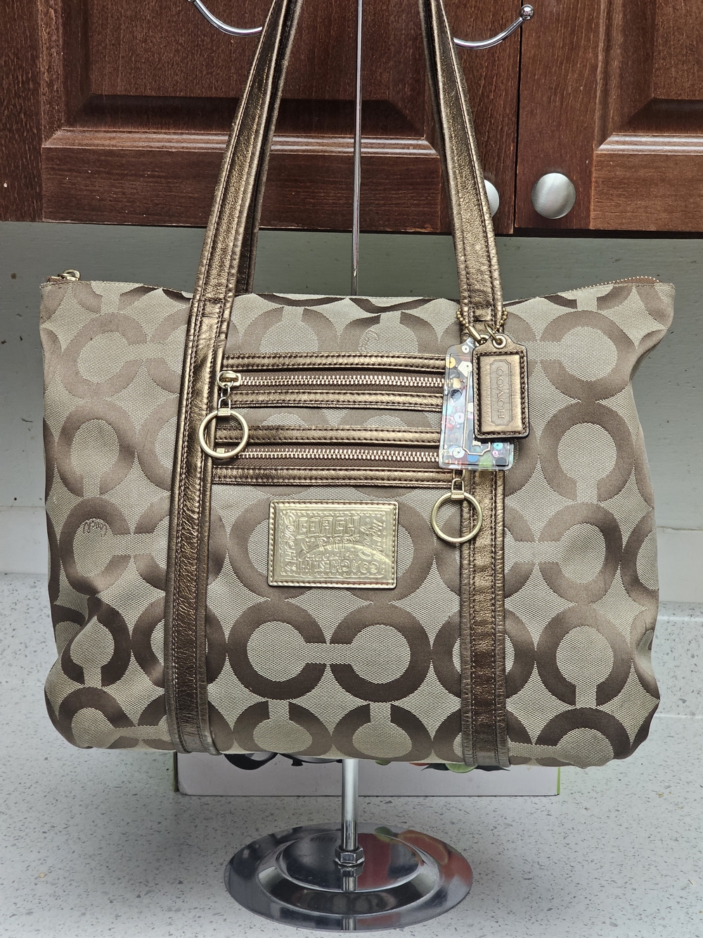 Coach Poppy Glam Op Art  Signature Jacquard Canvas & Khaki Bronze Metallic Tote